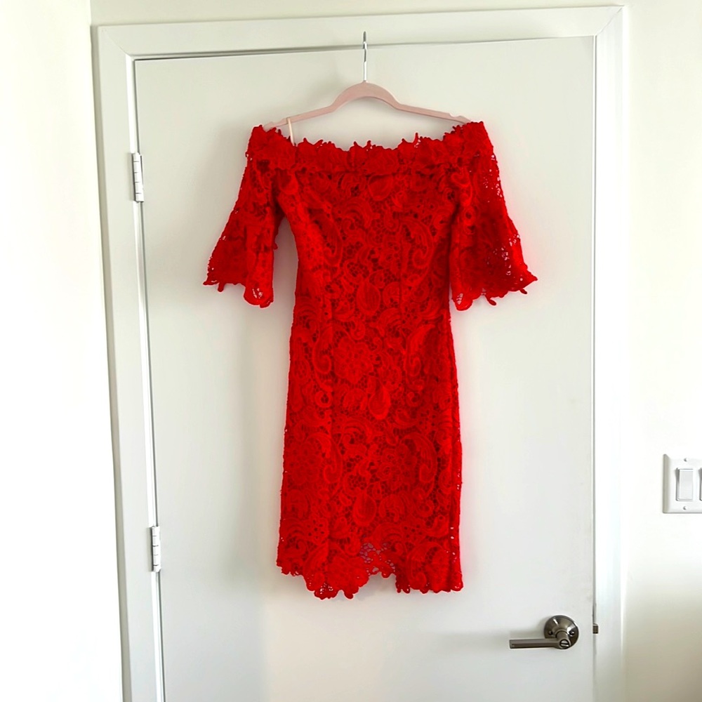 Red Knee length off the shoulder lace dress